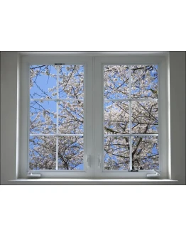 Фотообои на стену окно в весененний сад цветущей сакуры