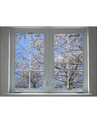 Фотообои на стену окно в весененний сад цветущей сакуры