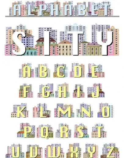 Латинский алфавит, декорированный рисунками домов