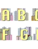 Латинский алфавит, декорированный рисунками домов