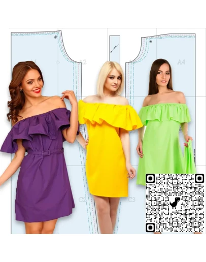 Готовая выкройка платья с открытыми плечами и широкой о