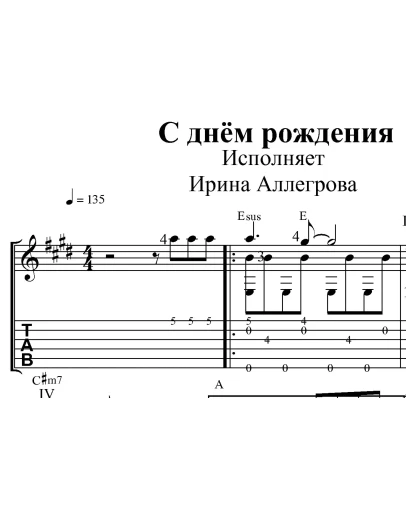 С днём рождения (И.Аллегрова). Ноты для гитары и табы