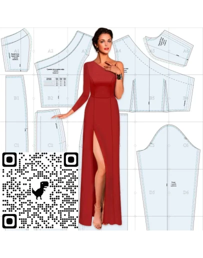 Готовая выкройка вечернего платья в пол с одним рукавом