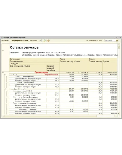 Отчет по резервам предстоящих отпусков ЗУП 2.5, УПП 1.3