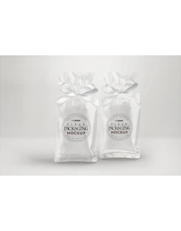 Clear Candy Bags with Ribbons Packaging Mockup