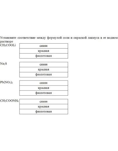 Установите соответствие между формулой соли и окраской