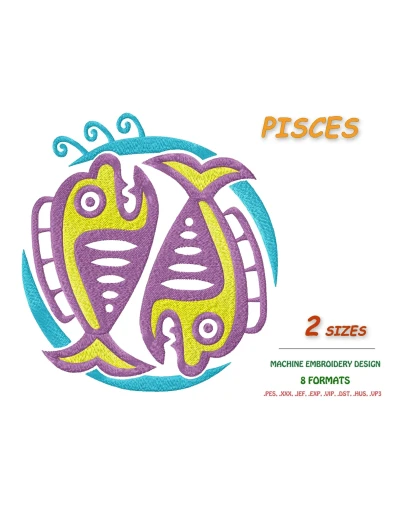 Знак зодиака Рыбы. Дизайн машинной вышивки 2 размера
