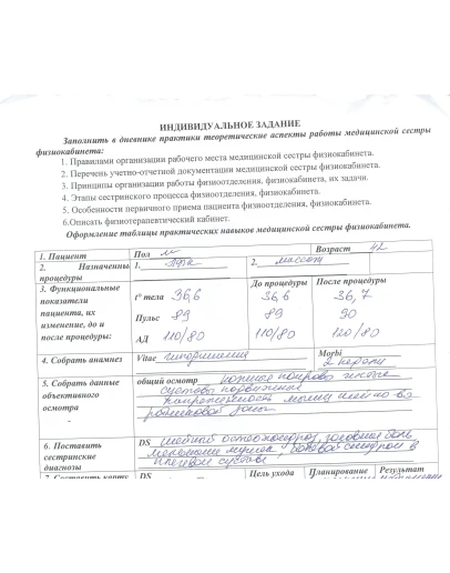 Пример заполнения дневника по практике сестринское дело