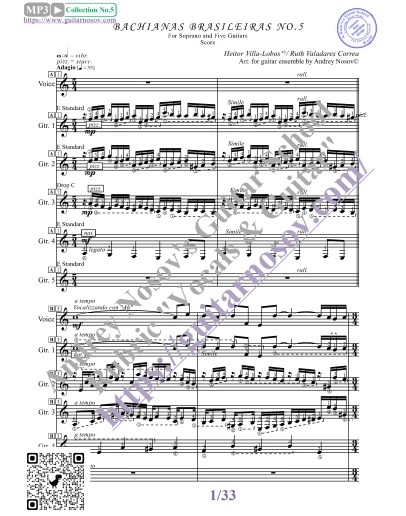 Bachianas Brasileiras No.5 (Вокал Ноты Табы 5 Гитар)