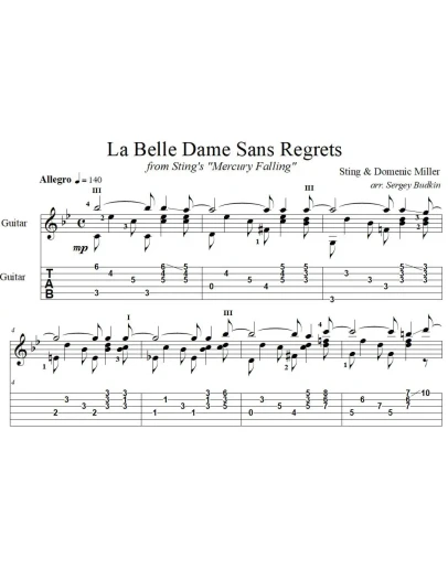 La Belle Dame Sans Regrets (Sting) для гитары