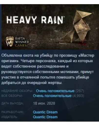 Heavy Rain Steam Key Region Free EXCEPT Japan