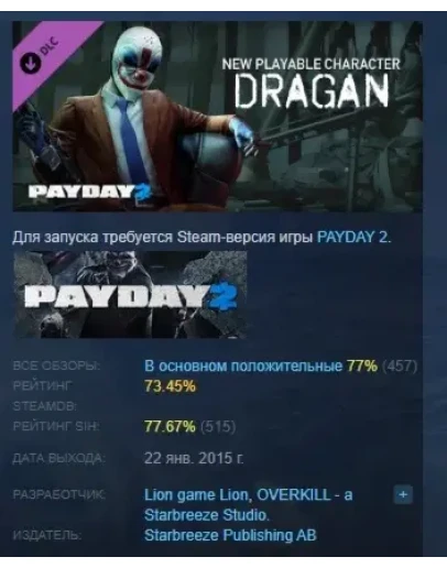 PAYDAY 2: Dragan Character Pack DLC STEAM РОССИЯ