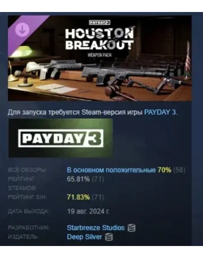 PAYDAY 3: Houston Breakout Weapon Pack DLC STEAM РОССИЯ