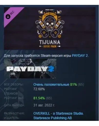 PAYDAY 2: Tijuana Music Pack DLC STEAM РОССИЯ