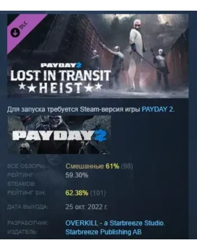 PAYDAY 2: Lost in Transit Heist DLC STEAM GIFT РОССИЯ