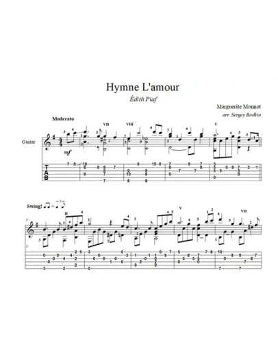 Hymne L'amour (Эдит Пиаф) ноты для гитары