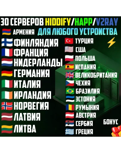 30 локаций VLESS Happ, Hiddify, v2rayTUN Безлимит