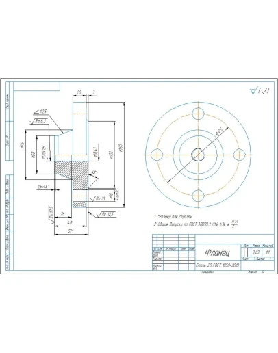Чертеж и 3д модель детали фланец в программе Компас 3D