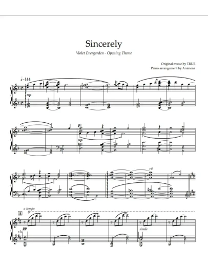 Ноты Animenz - Sincerely Violet Evergarden OP