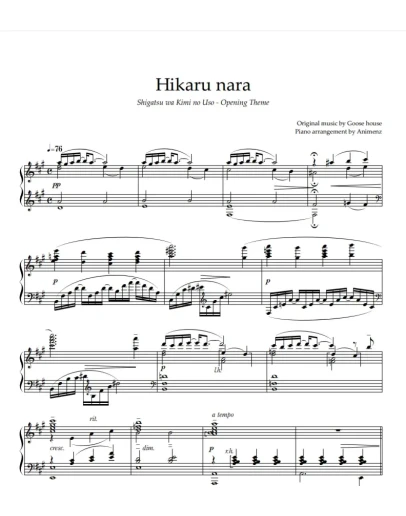 Ноты Animenz - Hikaru Nara Your Lie in April OP1