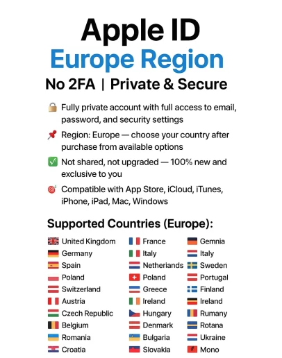Apple ID Европа: UK + FR + DE + Другие Без 2FA