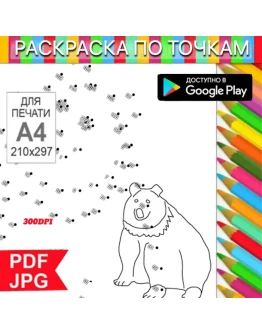 Медведь Раскраска По точкам Антистресс для распечатки на принтере и Android