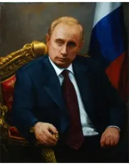 Портрет Владимира Путина на фоне флага в кресле