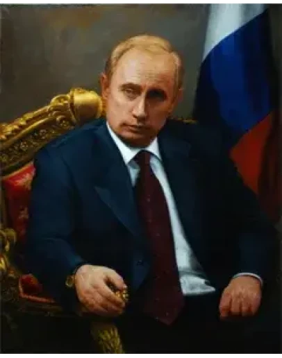 Портрет Владимира Путина на фоне флага в кресле